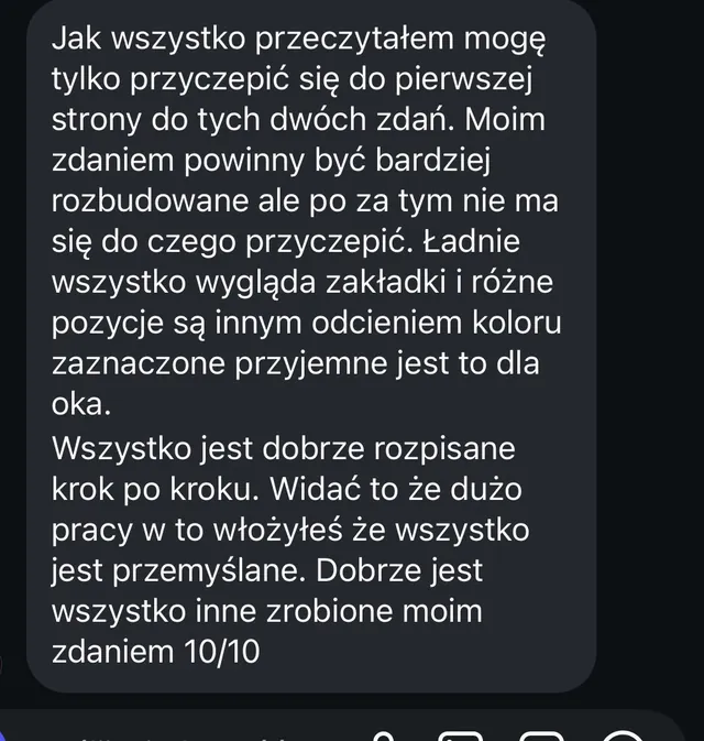 Wiadomość z opinią o materiałach: wszystko dobrze rozpisane krok po kroku, 10/10