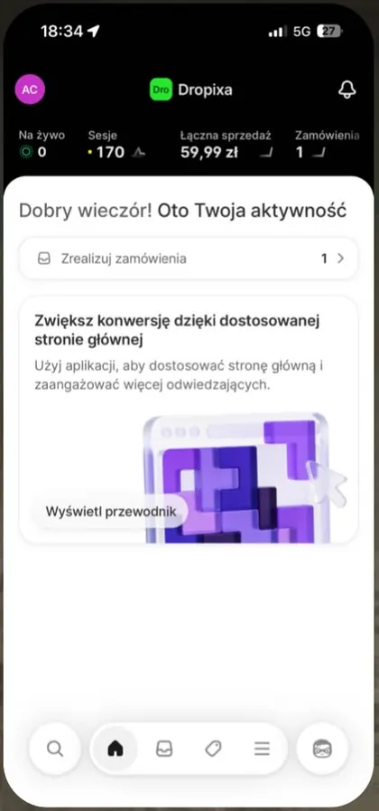 Zrzut panelu sklepu: pierwsze zamówienie 59,99 zł
