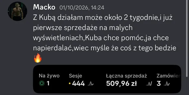 Wiadomość Macko na Discordzie z panelem Shopify: 509,96 zł sprzedaży, 3 zamówienia