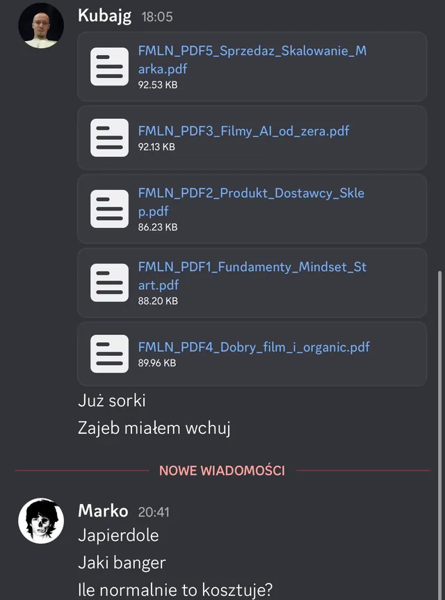 Rozmowa na Discordzie: Kuba wysyła pięć plików PDF Protokołu FMLN, Marko odpisuje: jaki banger