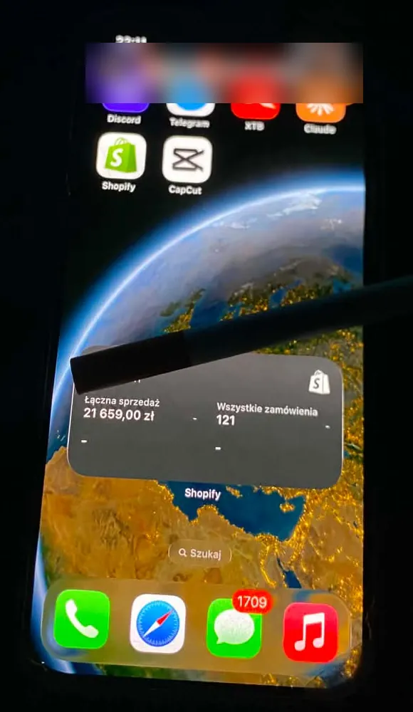 Widżet Shopify: łączna sprzedaż 21 659 zł, 121 zamówień