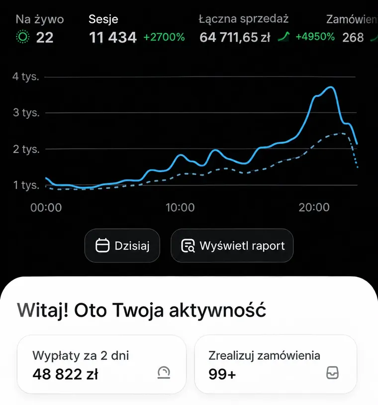 Panel Shopify: 64 711,65 zł sprzedaży jednego dnia, 11 434 sesje, wypłata 48 822 zł